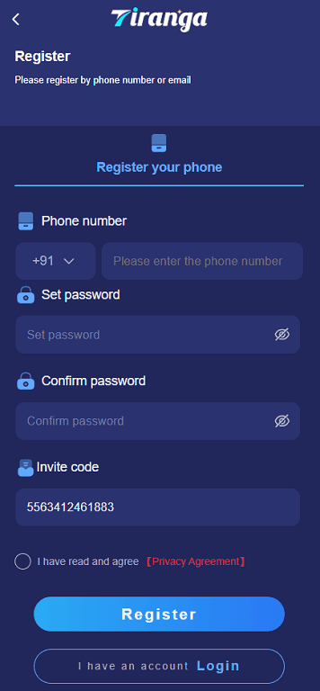 Tiranga Game register